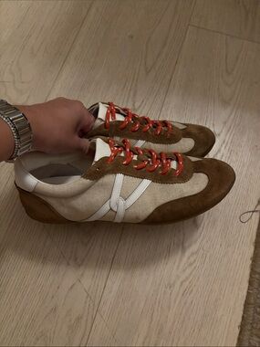 Veronica beard sneakers. Tan/ neutral with red accent. 8.5. Good used condition